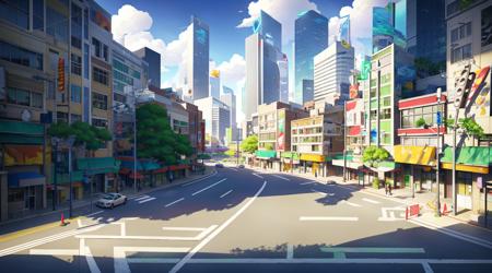 Concept art, horizontal scenes, horizontal line composition, scenery, building, outdoors, sign, city, road, street, road sign, crosswalk, cityscape, shadow, ground vehicle, traffic light, standing, plant<lora:hengban:0.8>,