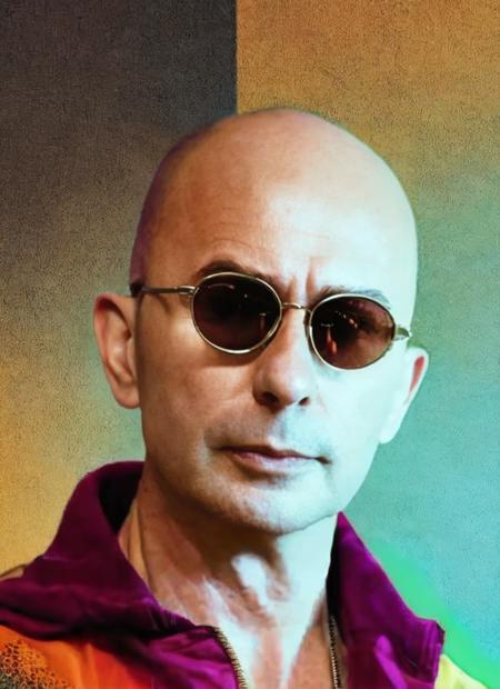 portrait of sks man ((ind1o)) like a hippie without hair and tattoos with aviator glasses, by Flora Borsi, style by Flora Borsi, bold, bright colours, dark Mohawk haircut, ((Flora Borsi)) <lora:ind1o:1>