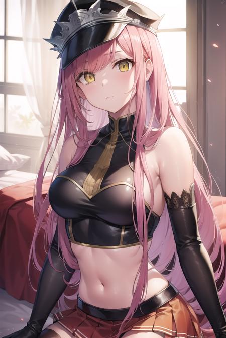 medb, <lyco:medb-lyco-nochekaiser:1>,
medb, long hair, pink hair, (yellow eyes:1.5),
BREAK choker, crop top, elbow gloves, gloves, hat, high heel boots, high heels, navel, peaked cap, red skirt, riding crop, skirt, thigh boots, thighhighs,
BREAK looking at viewer,
BREAK indoors, bed,
BREAK <lyco:GoodHands-beta2:1>, (masterpiece:1.2), best quality, high resolution, unity 8k wallpaper, (illustration:0.8), (beautiful detailed eyes:1.6), extremely detailed face, perfect lighting, extremely detailed CG, (perfect hands, perfect anatomy),