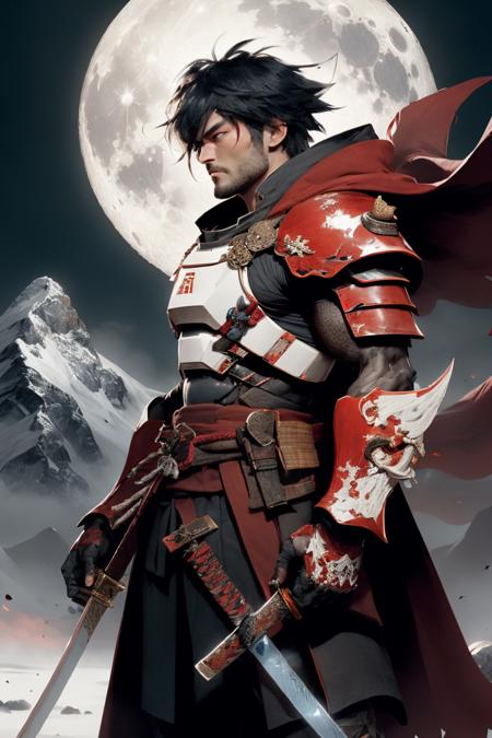 absurdres, 1boy, BREAK bruised samurai, bulky (white exosuit), holding katana, mechanical arms, (red upper armor), solo, black hair, long hair, (black cloak), looking at viewer, BREAK  (at night), full moon, mountain in background,  <lora:nijiarmor_v2:0.9>