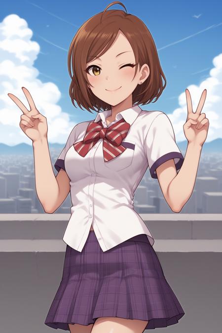 im yujin, brown hair, short hair, ahoge, yellow eyes, long eyelashes, idolmaster cinderella girls, school uniform, short sleeves, purple sleeve ends, white shirt, collared shirt, breast pocket, red bowtie, untucked shirt, purple skirt, plaid skirt, pleated skirt, short skirt im yujin, brown hair, short hair, ahoge, yellow eyes, long eyelashes, idolmaster cinderella girls, short sleeves, grey sleeve ends, white midriff, pink two-way collar, gold epaulettes, cleavage, collarbone, navel, shorts, short shorts, white shorts, pink belt, black gloves, pink footwear, high heels