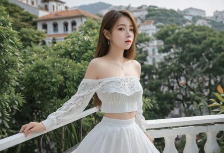 best quality),(highly detailed),(masterpiece),(ultra-detailed),illustration,((absurdres)),((incredibly_absurdres)),((highres)),1girl,(solo),(full body),(an extremely delicate and beautiful girl),(extremely detailed),(an extremely delicate and beautiful),(bare shoulders),(depth of field),(bare_shoulder),(((real))),((photo)),((((realistic)))),big breast,(bare breast), (solo),(stand),day,(beautiful detailed eyes), white skirt, see through, (Standing on the terrace), indoors,