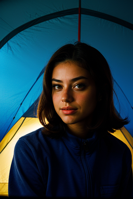 FarahJefry, portrait, photography by (Jeanloup Sieff:1.3), ((sitting inside camping tent, flashlight glow, fleece top)), blue light, modelshoot, pose, (closeup on upper body:1.3), (night, dark, dark photo, grainy, dimly lit), editorial photograph, film grain, depth of field, analog film style, vivid color, looking at viewer, ((chiaroscuro, emotional impact, vivid, strong contrasts, stylized lighting, movie screenshot, colored gels, gritty, movie still, fog, cold)), ultrarealistic, noise