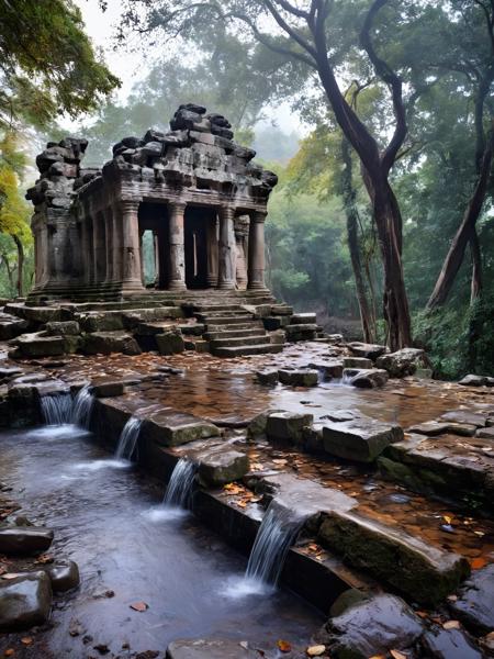 <lora:JJsTempleRuin_XL:1>,   (Temple Ruin)), ((masterpiece)), ((best quality)), scenery, outdoor, real world location, building, sky, cloud,,day,water,tree,  pool,forest,tree root, ((raining)), wet stones, river,ripple,fall, spray,