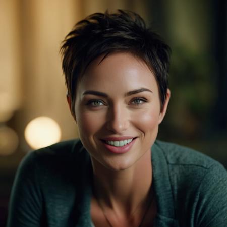 cinematic film still of Perfect Detailed
 <lora:Megan Fox-000002:1> Megan Fox 
a woman with a very short hair and a big smile, shallow depth of field, vignette, highly detailed, high budget, bokeh, cinemascope, moody, epic, gorgeous, film grain, grainy