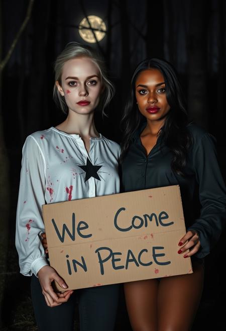 In a moonlit forest clearing, two young women in their early twenties stand in striking contrast. The first girl, with silver-white hair and a ghostly pale complexion, wears a white blouse stained with dark red splatters. Her blouse, which stretches over her prominent bust, accentuates her figure. A simple black five-pointed star on her chest is highlighted by her faintly glowing crimson eyes, adding an eerie calm to her presence.
The second girl contrasts sharply with jet-black hair and deep tan skin. Her dark blouse, also blood-stained, fits snugly around her voluptuous form. Her nearly invisible black star and intense crimson eyes shine with a piercing alertness.
The girls hold a single worn cardboard sign that reads ‘We Come in Peace,’ scrawled in crude black marker. The sign stands out starkly against the dark, eerie forest floor, illuminated by the moonlight, which casts long, shifting shadows and enhances the haunting quality of the scene.