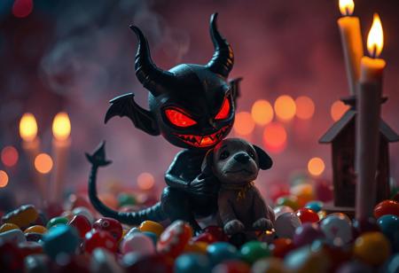 miniature close-up shot. a tiny black devil-toy, anime style, made of black smoke, red glowing grimm smile, hinds his horrific doings, eating, a smaller detailed miniature puppy, in a dark but colorfull candy land, glowing from the candles, vast surreal world in the background. candyland in dramatic lighting, whispering horror. Shot with a full-frame DSLR, 85mm lens at f/1.8 for shallow depth of field, ISO 400, 1/100 shutter speed. soft light enhanced with slight post-processing contrast boost and warm tone grading. balancing candy love and dark horror, creating a sad but beautiful show,