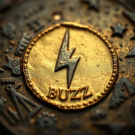 Closeup of a ancient Rome detoriated gold coin with lightning bolt symbol and text in ancient font saying BUZZ, realistic, masterpiece, dramatic light, depth of field