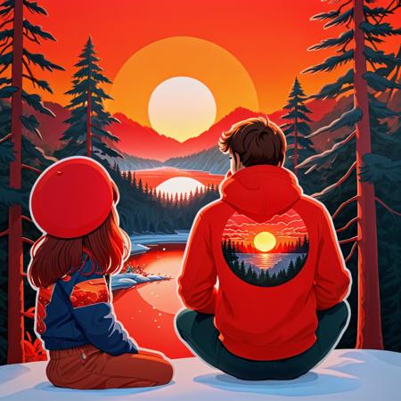 a cute 1guy looks at an epic bright red stylized sunset super detailed, birds, a big red sun, a forest of fir trees, a river, a guy with a very cute 1girl sitting on a rock, with his back to the camera, cold colors, stylized, simple background, cutestickers, (sticker:1.4), art, (big fat stroke:1.2), detailed, ohwx style