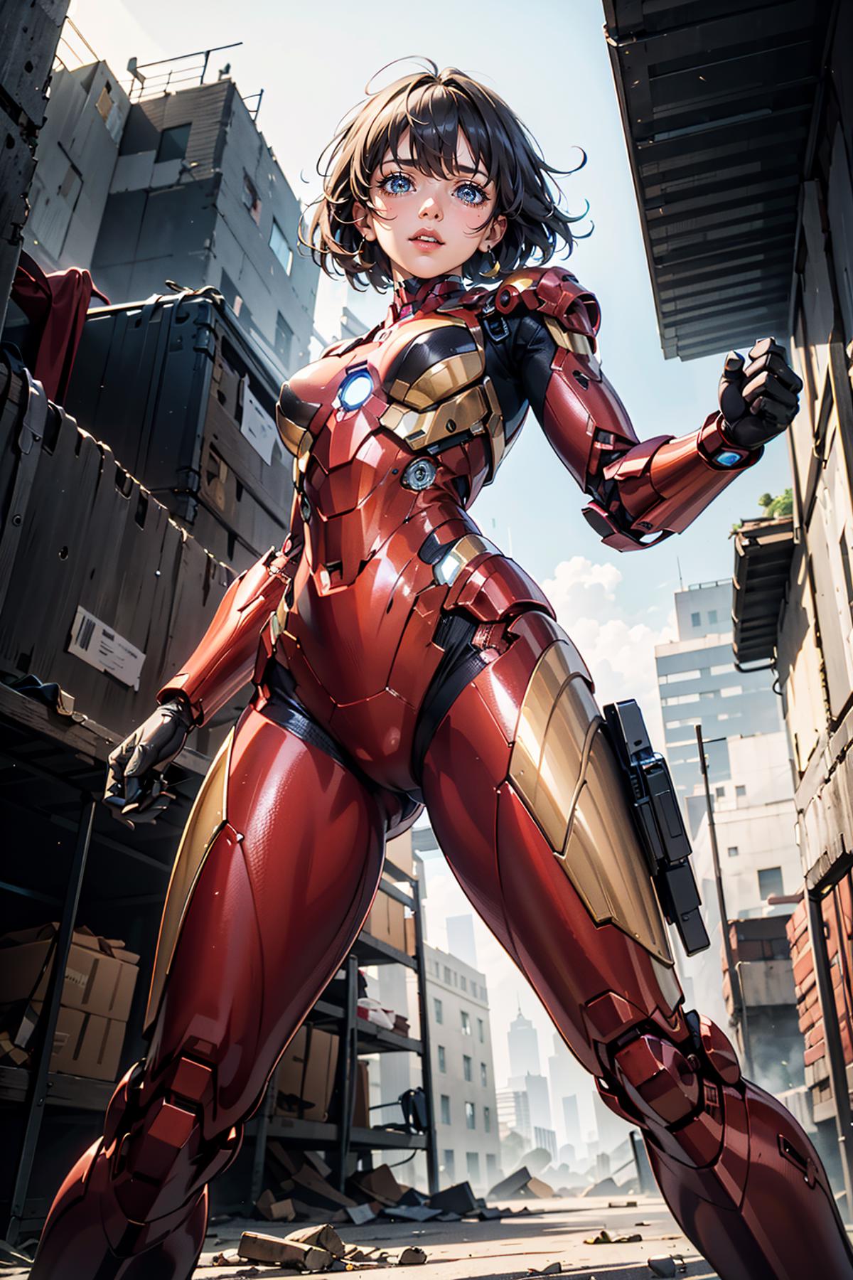 A digital art illustration of a woman in a red Iron Man-like suit with a gun in her hand.