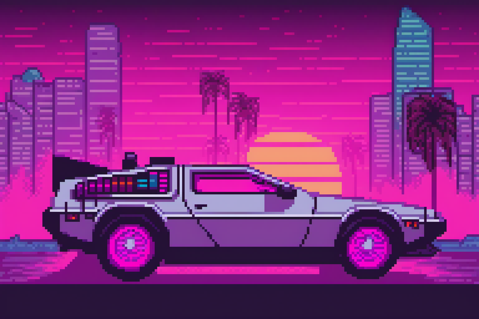 A purple car with a DeLorean design in front of palm trees.