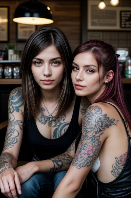 (masterpiece, best quality, high resolution:1.2), detailed face, detailed eyes, detailed skin, extremely detailed, intricate details,
street photography of 2 punk girls, tattooed arms, sitting in a coffee shop, enjoying their conversation,
<lora:Detail Slider V2 By Stable :0.4>