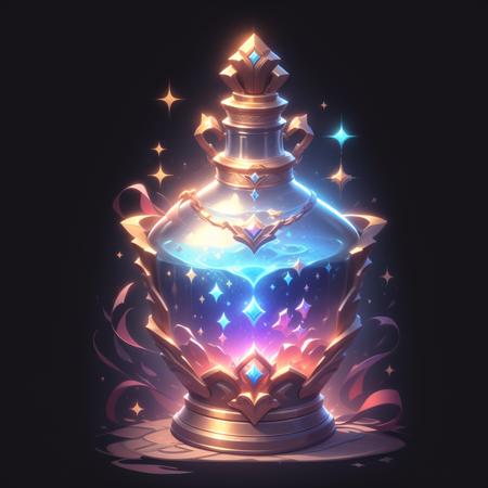 game icon institute, game icon, bottle, sparkle, black background, <lora:game icon institute_yanjiusuopingzi_v3-000020:0.8>