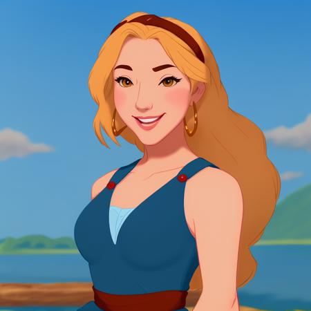 A woman, detailed, upper body, brown eyes, smiling, at the lake, portrait, trending on artstation, cartoon, disney style, blue sky with clouds, wearing blue dress, red headband, blonde hair, beautiful, high quality<lora:DisneyRenV2:1>