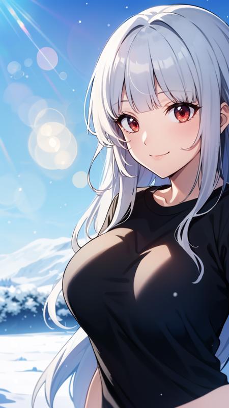 mature female, solo,
long hair, wavy hair, silver hair, blunt bangs, red eyes, large breasts, black t-shirt, seductive smile,
blue sky, winter, snow, lens flare,
masterpiece, best quality, absurdres,