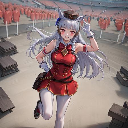 ((masterpiece, best quality)),1girl,white gloves, horse ears, hat,white pantyhose, (stadium:1.5), smile, running,