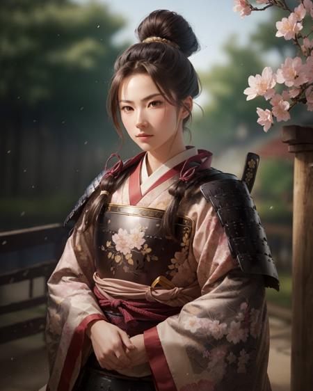 best quality,masterpiece,highly detailed,ultra-detailed, katanaV2
<lora:neg4all_bdsqlsz_V3.5:-1> 
Describing a samurai in silver lightweight armor, engraved with cherry blossom tree motifs, symbolizing reverence for natural beauty. The attire is primarily light pink, portraying the warrior's gentleness and calmness. The hairstyle is simple and elegant, with a cherry blossom tucked in.
  <lora:nobunagakatana:1>