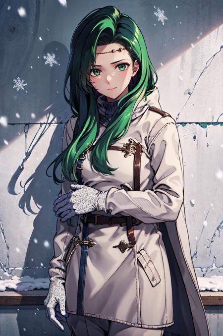 (upper body:1.2),standing,looking at looking at viewer, <lora:annandV1-000016:1>,annand, circlet,green hair,sweater,long coat,pants,boots,glove,outdoors,snowing,(masterpiece, best quality, ultra-detailed, best shadow)