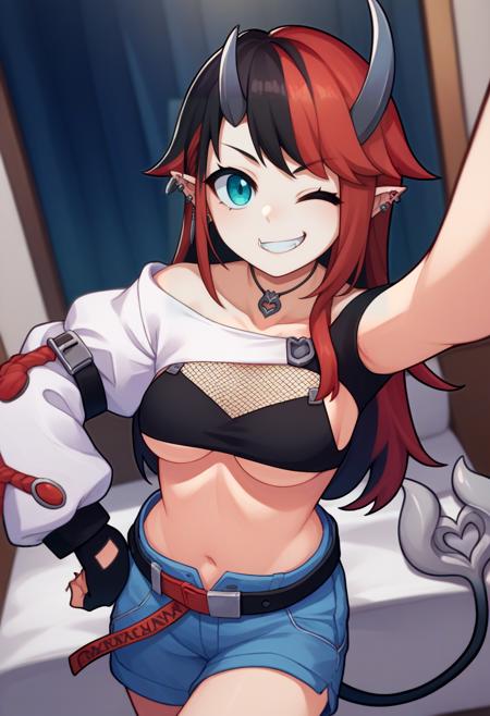 horns ryugasaki1st, short hair, black jacket, open jacket, black sports bra, underboob, black pants, zipper, chain, piercing, demon tail, midriff ryugasaki2nd, black bikini, fishnet top, underboob, shrug \(clothing\), white jacket, striped jacket, single sleeve, blue shorts, fingerless gloves, belt, jewelry, ear piercing, necklace, demon tail, single bare shoulder ryugasaki3rd, short hair, beret, black serafuku, crop top, underboob, blue neckerchief, long sleeves, black skirt, ear piercing