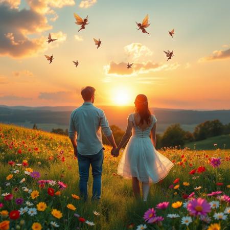 a couple holding hands facing the sunset in a meadow of colorful flowers and cupids and fairies are flying around above them