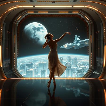 a beautiful elegant female dancer is dancing on a futuristic stage micro-LED lighted, behind the dancer on the stage is an enormous seamless and futuristic wall to wall and floor to ceiling window that looks out at a planet from low orbit, the planet is covered with the lights of enormous buildings and cities, An enormous deco starship with futuristic lighting and an enormous space station are visible in the background among the stars, Artistic art deco, dynamic perspective, (((overall architectural aesthetic is Art Deco Cyberpunk))).  Epic image that elicits a feeling of wonder and awe,