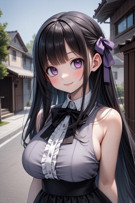 masterpiece, best quality, 1girl, smile, outdoors, houses, road, large breasts, upper body, grey dress, bow, frills, sleeveless, ribbons, black long hair, purple eyes, looking at viewer