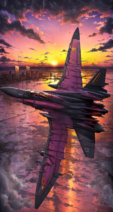 fighter jet, airplane, aircraft, sunset, raining, no humans, flying, city, skyscrapers, military,