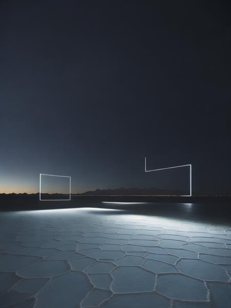 <lora:ReubenWu:1>a light square in the middle of a desert