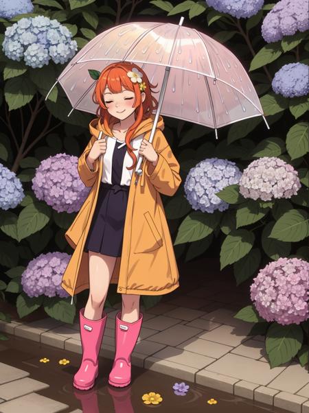 (masterpiece, best quality:1.1), 1girl, flat chest, Ichihara Nina, animal costume, orange eyes, happy, orange hair, outdoors, running, closed eyes, holding hat, animal hood, rainbow,raincoat,rubber boots,hydrangea,flower,boots,blush,hair ornament,teruterubouzu,very long hair,hood up,long sleeves,full body,footwear,pink flower,standing,leaf,food-themed hair ornament,hair bow,hair flower,rain