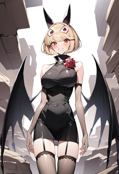 1girl, large breasts, cowboy shot, grin, (rubble ruins:1.2), sky, wings,
debby_the_corsifa, red eyes, blonde hair, short hair, extra eyes, animal ears, black dress, (tube dress:1.2), (short dress:1.2), rose ornament, sleeveless, bare shoulders, elbow gloves, garter straps, thighhighs, <lora:debby_the_corsifa_pony_ver1:0.7>, score_9, score_8_up, score_7_up, BREAK source_anime, rating_explicit, best quality, masterpiece, uncensored, solo,