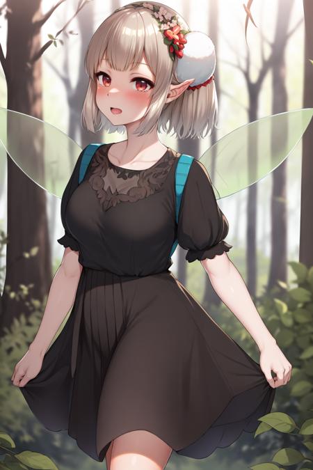 nature photography, forest, elu \(niji\), 1girl, medium breasts, dress, black dress, fairy wings, short sleeves, <lyco:KitsuneAi-EluNiji-LoCon32V1-000006:1.0>