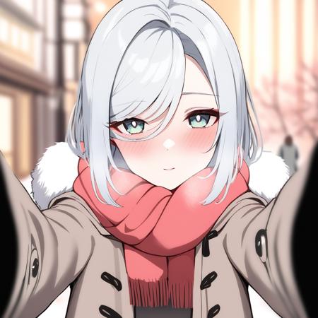 scarf,looking at viewer,blush,winter clothes,coat,blurry,pov,