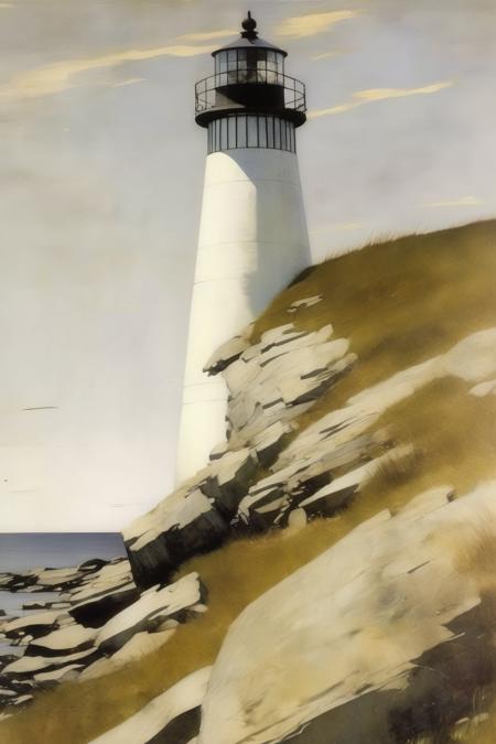 <lora:Andrew Wyeth Style:1>Andrew Wyeth Style - andrew wyeth painting of a white cape cod lighthouse on a coastal hill