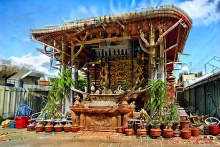 architecture, landscape, scenery, east asian architecture, court, atrium, (Taiwanese temple, Hokkien architecture, Southern Min architecture) East Asia, vintage, historical, heritage, trational, ancient, wooden structure,  (orange tiled roof, upward curve ridge roof), best quality, masterpiece, (outdoor:1.2), multiple temples, historical old cityscape, subtropical environment, rustic, stone base, brick wall