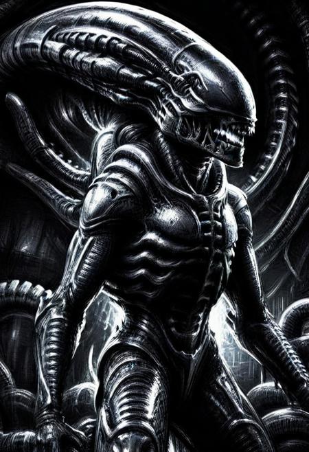 high resolution, detailed, doodle, sketch, black and white,
ScribbleRay, Xenomorph1024, male, solo, standing, xenomorph, huge muscular, broad shoulders, glistening body,
cyberpunk city settings, Sci-fi, night,
(cowboyshot:1.2), from below, view from below,