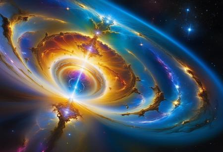 an intense ethereal birth of a god in the midst of the galaxy; the borders to the dimensions rips and flash of gorgeous plasma sprays into the galaxy, surreal masterpiece by (salvadore dali, Stephen Youll, Patrice Murciano)