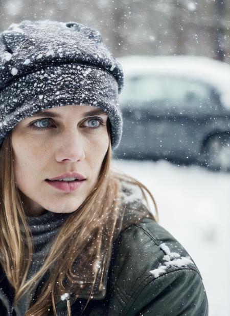 analog style, modelshoot style, RAW photo of a sks woman, sitting in outdoor car ,winter ,snowy , ((wearing cap)), (detailed face), grunge, ((visual kai)),  ((full body)), (high detailed skin:1.2), 8k uhd, dslr, soft lighting, high quality, film grain, Fujifilm XT3, <lora:locon_annachlumsky_v1_from_v1_64_32:1.3>