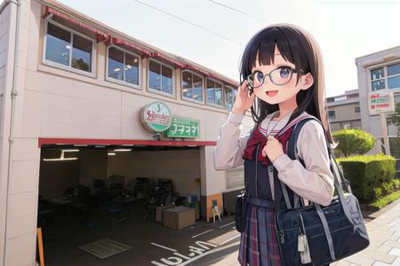 best quality, ultra-detailed, illustration,
1girl, glasses, black hair, long hair, school uniform, school bag, smile, laughing, solo focus,
saizeriya, storefront, scenery, outdoors, sign, building, window
 <lora:saizeriya_ex_SD15_V1:1>