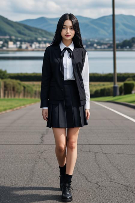 realistic, masterpiece, high detailed skin, looking at viewer, full body shot, scenic view, long hair, black hair
<lora:Black_White_School_Dress_By_Stable_Yogi:0.8> school uniform, black jacket, long sleeves, collared shirt, white shirt, neck ribbon, grey skirt, black socks, footwear