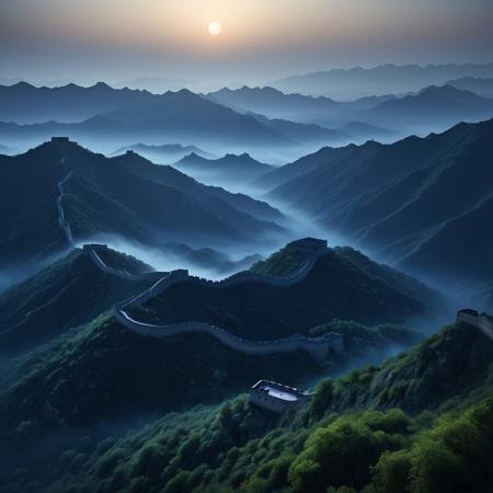 A vast, 
ancient landscape with the Great Wall of China stretching endlessly across mountain ridges, 
shrouded in early morning mist, 
with rugged terrain and a sense of endlessness., 
perfect composition, 
beautiful detailed intricate insanely detailed octane render trending on artstation, 
8 k artistic photography, 
photorealistic concept art, 
soft natural volumetric cinematic perfect light, 
chiaroscuro, 
award - winning photograph, 
masterpiece, 
oil on canvas, 
raphael, 
caravaggio, 
greg rutkowski, 
beeple, 
beksinski, 
giger