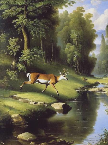 <lyco:Jean-Baptiste-CamilleCorot.zip:1.0> the moment of a deer jumping across a stream, wilderness, full length shot, oil painting, by Jean-Baptiste-Camille Corot