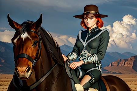 solo, full body:1.2, a woman  sitting on a horse, sandstorm aproching, dark clouds, beautiful eyes, beautiful girl, high detail skin, high detail eyes, high detail hair, highres, ultra detailed, sharpen picture, Highly detailed, masterpiece, best quality, photorealistic, <lora:JudgeMcBrideLoRA:1> 1girl, short hair, hat, spacesuit, grey pants