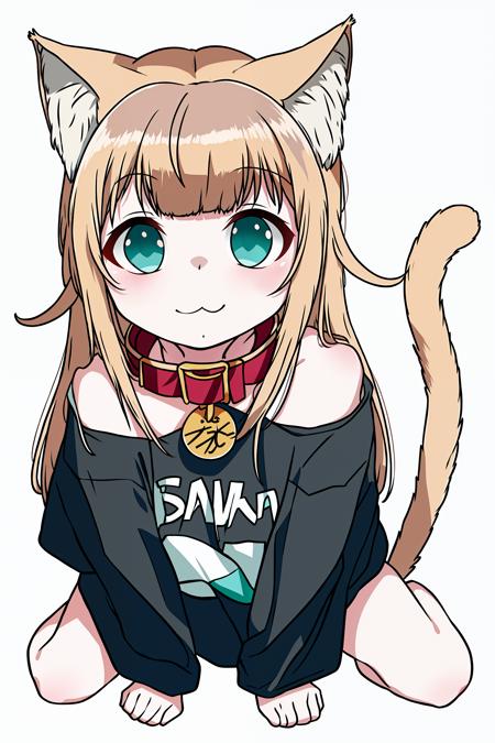 kinako,  1girl, animal_collar, animal_ear_fluff, animal_ears, aqua_eyes, bangs, barefoot, bell, blonde_hair, blunt_bangs, cat_ears, cat_girl, cat_tail, collar, full_body, long_hair, off_shoulder,  red_collar, shirt, simple_background, solo, t-shirt, tail, white_background, white_shirt <lora:kinako_v1:1>