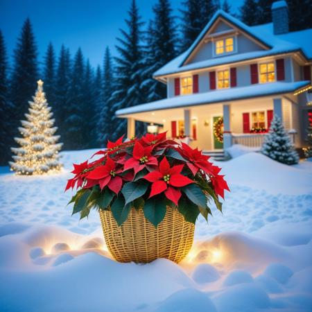 gold basket with fir branches inside with small Christmas balls and green leaves and red poinsettia leaves, in the background snowy fir forest with an illuminated house in the distance