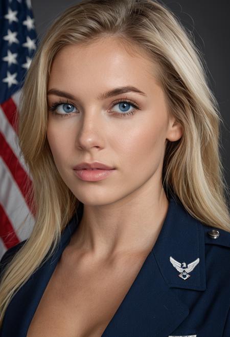 sdxl_doutmurpv1, 1girl, United States Air Force Dress Blues, cleavage, professional photo, perfect eyes, highly detailed beautiful expressive eyes, detailed eyes,  (8k, RAW photo, best quality, depth of field, ultra high res:1.2), intricate, photorealistic, masterpiece, ultra-detailed), crisp, vivid lighting