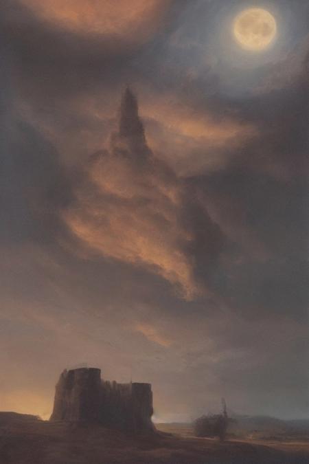 oil painting, of a castle on a cliff, forest, night, a flock of bats flying in the dark sky, reddish moon, clouds tainted red, dark theme, still life, shadows, haunted castle