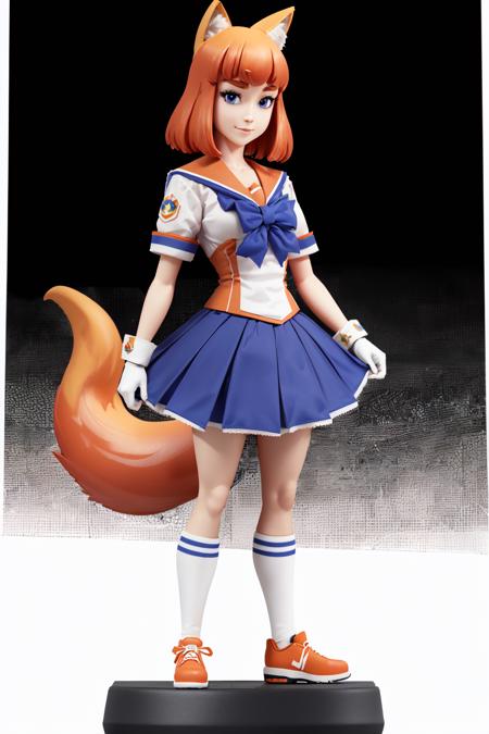 Highly detailed, High Quality, Masterpiece, beautiful, Amiibo, <lora:Amiibo:0.7>, full body, 1girl, (simple background, white background:1.5), light smile, firefox-chan, bowtie, school uniform, sailor collar, blue pleated skirt, wrist cuffs, socks, orange shoes, tail, <lora:Char_Meme_MozillaFirefox:0.8>