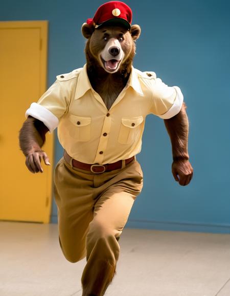 <lora:TaleSpin_-_Baloo_2:0.8> 1boy, bear baloo, cartoon, face, furry, hat, male focus, peaked cap, red headwear, solo, yellow shirt, full body, running away from santa claus,  highest quality, a painting , [sci-fi artwork], bold colors, by Dave Dorman, 35mm photograph, film, bokeh, professional, 4k, highly detailed, RAW