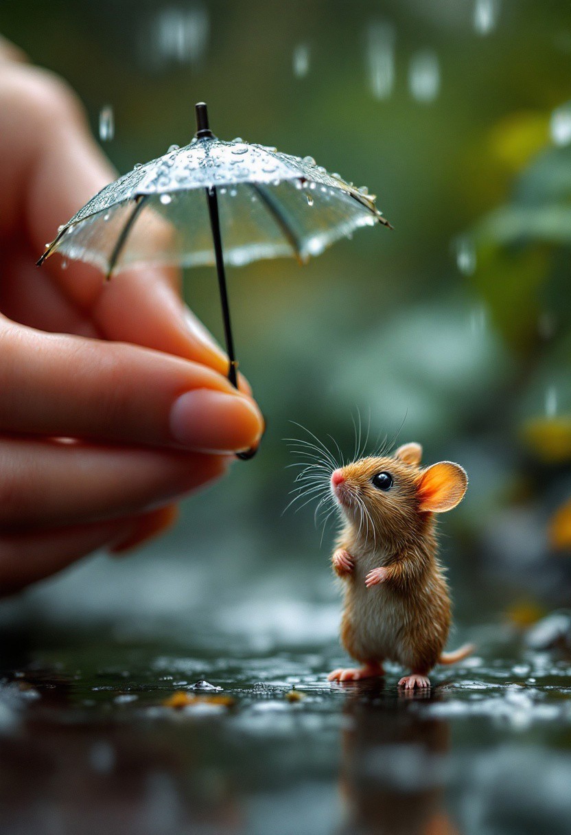 A scene where a small mouse stands on its hind legs, gazing up at a tiny umbrella offered by a human hand. The blurred background suggests a natural, outdoor setting with greenery. The mouse's fur appears slightly damp, and its whiskers are prominently visible. 