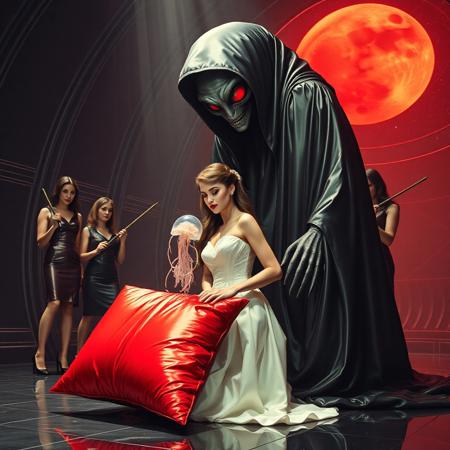 high-society elegant slender norvegian rich innocent young bride  kneeling  weird red glossy foil pillow from behind. She is ensnared by a towering, gray human-like alien, draped in a long, glossy black slime cloak, its eyes gleaming red with an otherworldly intensity.  its hands  putting slime transparent alien jellyfish at her head. Encased in light beam from the alien breeding chamber celling. Surrounded by strict ladies wearing  glossy satin dominatrix attire and glossy high heels,  holding whips.   weird wet-look black slime  walls and floor, colossus observation blister to outer space full of stars, bright red moon, vintage-inspired makeup, long hairs, ultra thin waist, evil grin, porcelain skin, lipstick, red nails, in the style of a haunting, retro-futuristic 1950s sci-fi nightmare, horror, alien space base,,